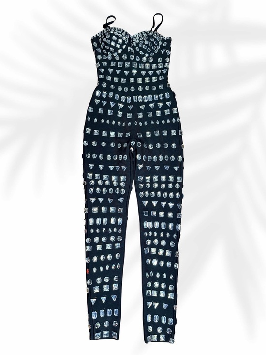 Mew Mews Pants - Mew Mews Black Strapless Embellished Jumpsuit with Gem Motif size Small
